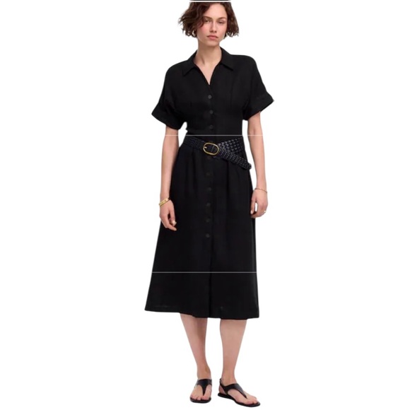 NEW MADEWELL Pleated Midi Shirtdress in 100% Linen Jet Black Midi Size Small